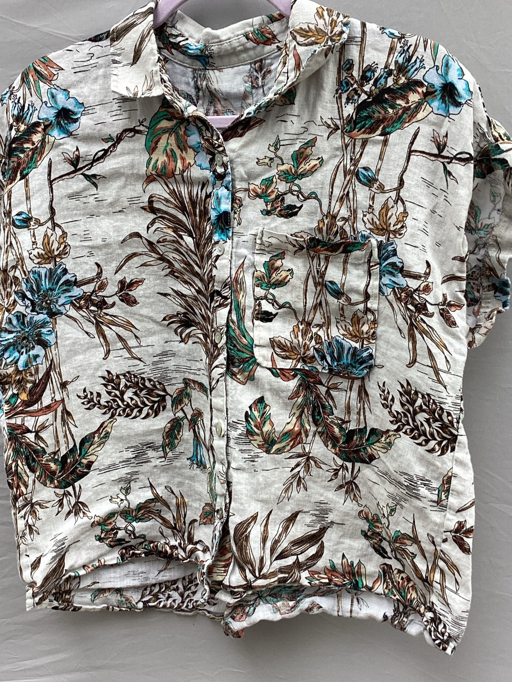 Button-Down Short Sleeve Shirt in Cream with Teal & Brown Floral Print